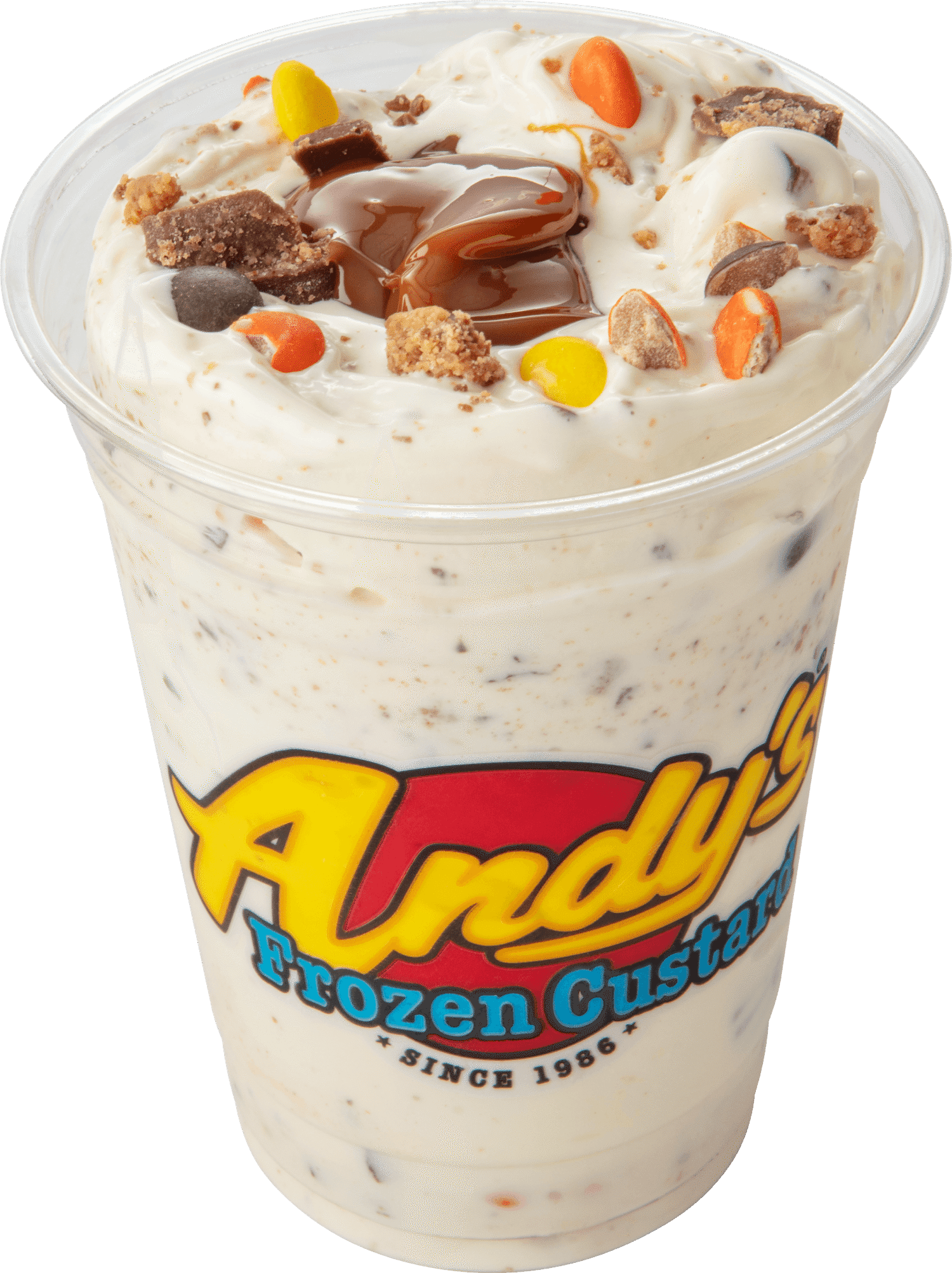 vanilla frozen custard in a Andy's Frozen Custard plastic cup with candy mixed in and creme caramel down the center